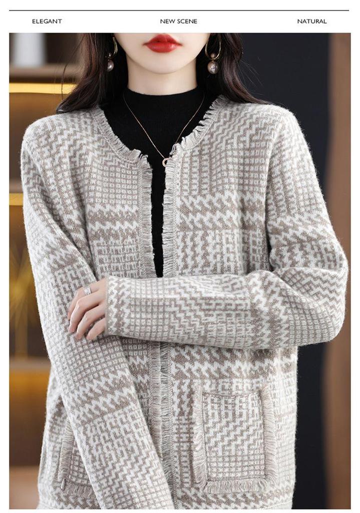 Women's French Chic Wool Houndstooth Cardigan - Autumn/Winter Thick Knit Tassel Coat
