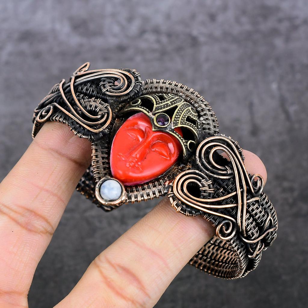 Cameo, Moonstone Handmade Copper Wire Wrap Cuff Bangle Adjustable e3c07