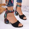 Fashion New Summer Oversized Floral Cloth Women's Shoes with High Heels Block Heel Fishmouth Straight Buckled Strap Women's Sandals