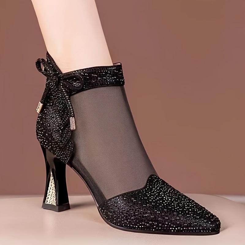 Chic Summer Mesh Ankle Boots for Women - Sexy Pointed Toe with Rhinestone Bowknot, Chunky Heel, Breathable Hollow-Out Design, Back Zipper Closure