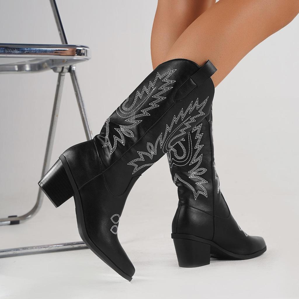 2024 Plus Size White Western High-Heeled Over-the-Knee Cowboy Boots for Women