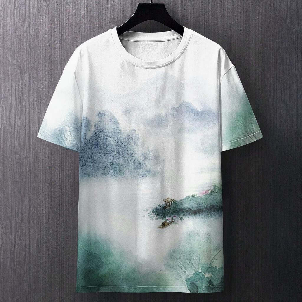 Summer Round Neck 3D Chinese Ink Landscape Print Top Fashionable Casual Short Sleeved Men's T-shirts