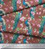 Soimoi Black Poly Crepe Fabric Pink Flower|Branch & Peacock Bird Print Fabric by the Yard 42 Inch