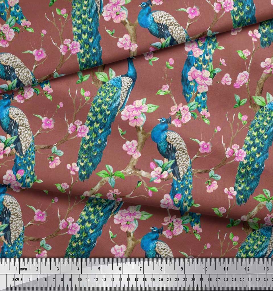 Soimoi Black Poly Crepe Fabric Pink Flower|Branch & Peacock Bird Print Fabric by the Yard 42 Inch