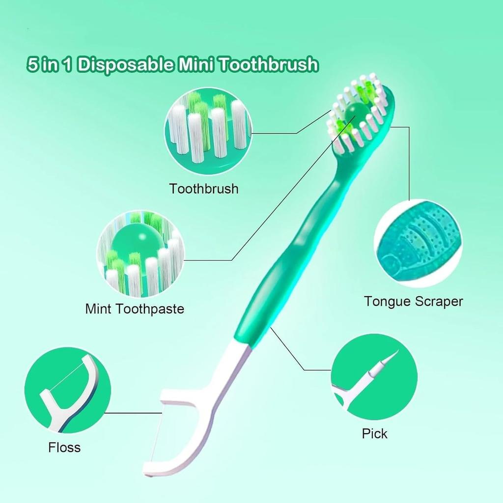26 Pack 5 In 1 Toothbrush & Floss On The Go, Tongue Scraper & Toothpick Set, Mini Toothbrushes with Toothpaste, Individually Packed In Box