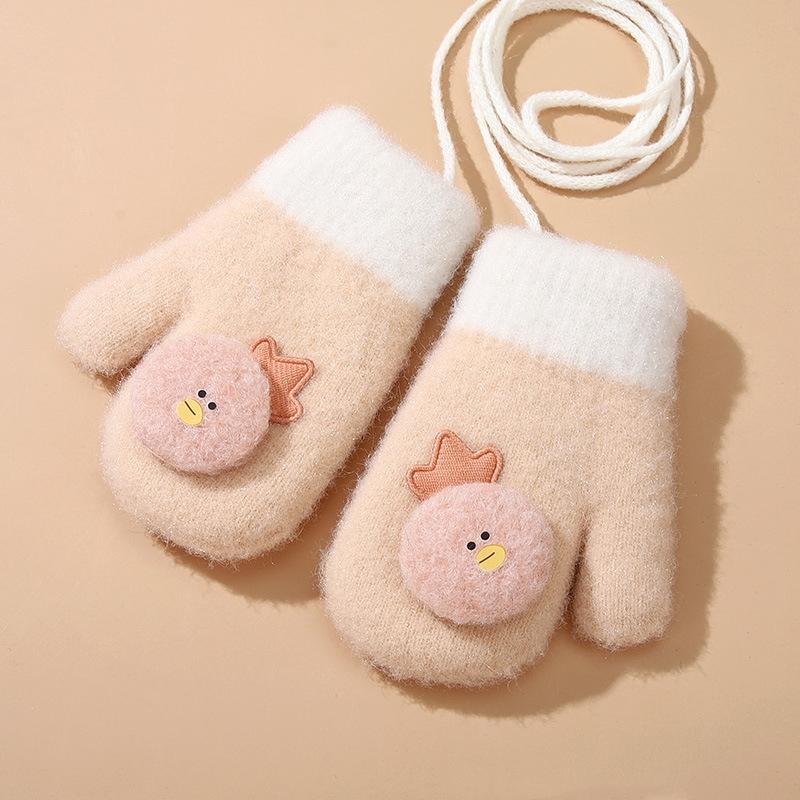 Winter Kids Full Finger Gloves Cute Cartoon Lamb Fleece Warm Baby Mittens Windproof Outdoor Girls Boys Hanging Neck Gloves