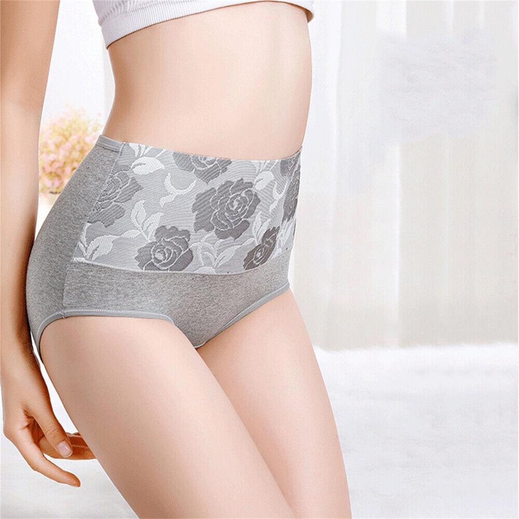 5 Pack Gray Women's High Waist Cotton Briefs Rose Jacquard Tummy Control Underwear