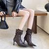 2025 winter fashion pleated piled boots women's high heel elastic thin boots pointed short boots thick heel Korean small bare boots