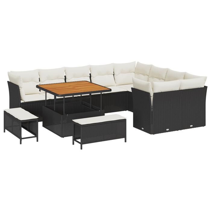 Ensemble de Canapé de Jardin de 12 Pièces avec Coussins en Rattan Poly Noir Acacia, Ensemble de Salle à Manger de Jardin 3361515