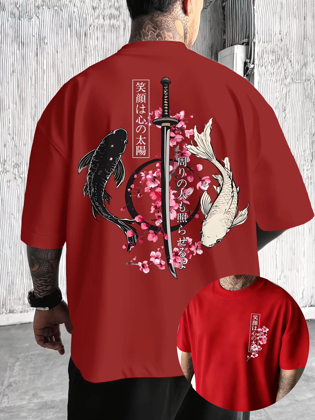 2026 Summer New Design Japanese Yin-Yang Carp Fish and Samurai Sword Pattern High-Quality Comfortable Casual Print Men s T-Shirt S