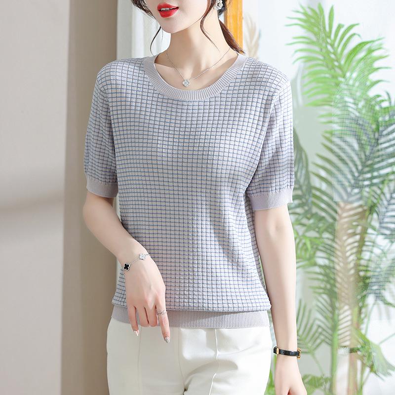 Mom's Summer Ice Silk Short-Sleeve Blouse - New Style for Mid-Aged Women, Thin, Fashionable Knit T-Shirt Top