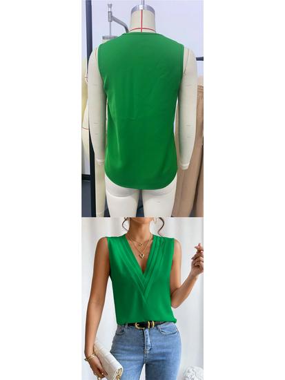 European and American Women's Summer V-Neck Layered Solid Color Top