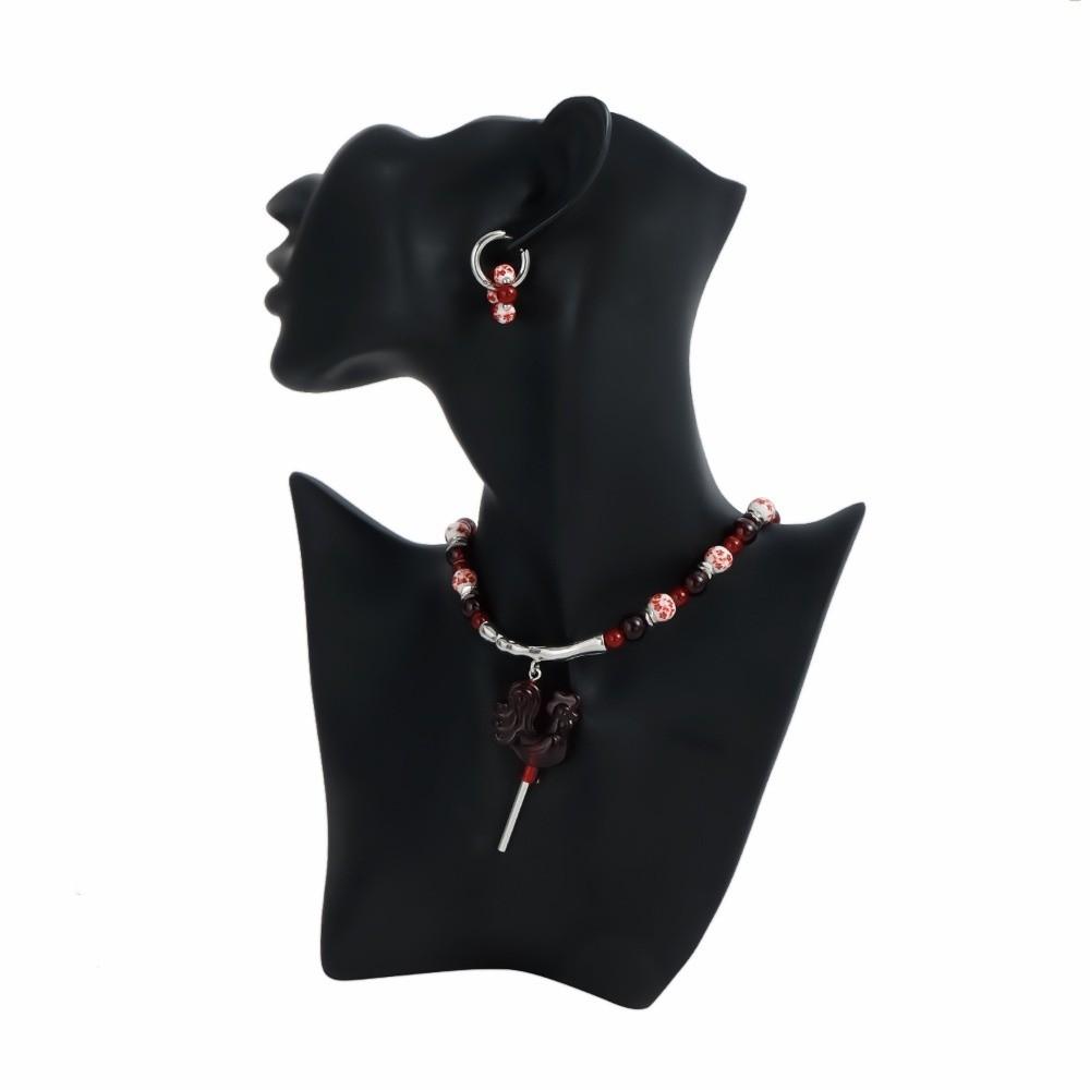 Adjustable Rooster Pendant Necklaces Beads Hoop Earrings Red Rooster Necklace Russian Folk Style