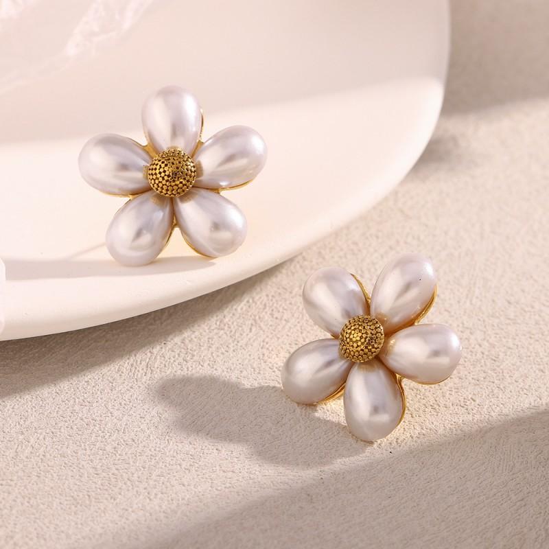 Elegant Stainless Steel 18K Gold Plated French-Style Faux Pearl Flower Stud Earrings Women