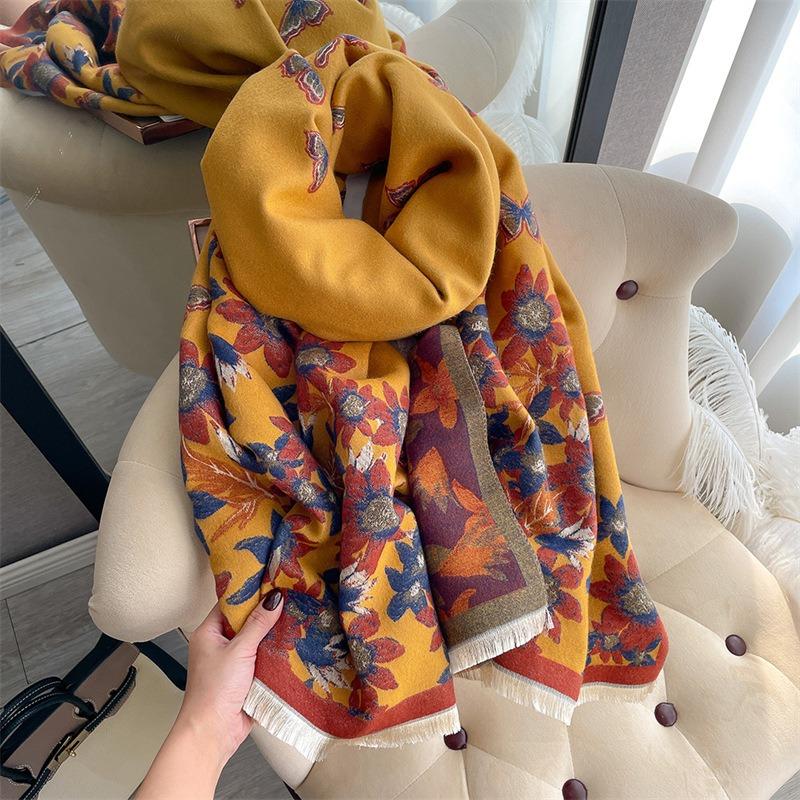 Elegant celebrity butterfly flower print scarf women's thickened warm imitation cashmere scarf double-sided versatile shawl