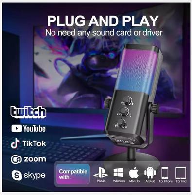 RGB Gaming Microphone with Game Voice Balance&Noise Cancellation, Studio USB Computer Condenser Mic for Streaming/Recording/Disc