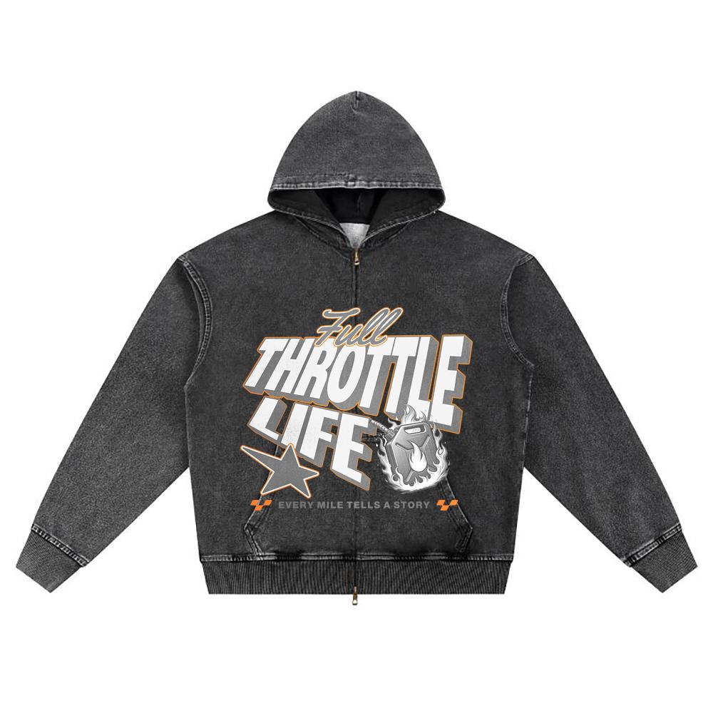 DTG print Knitted Denim Zip-Up Hoodie Full Throttle Life Brother Print Zipper Hoodies
