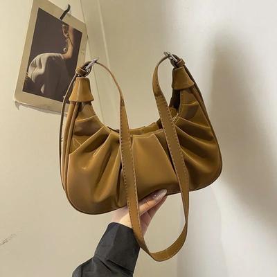 Kadın PU Büzgülü Omuz Çantaları Fermuarlı Büyük Kapasiteli Basit Dikiş İpliği Sarkık Klasik Stil Tote Çanta