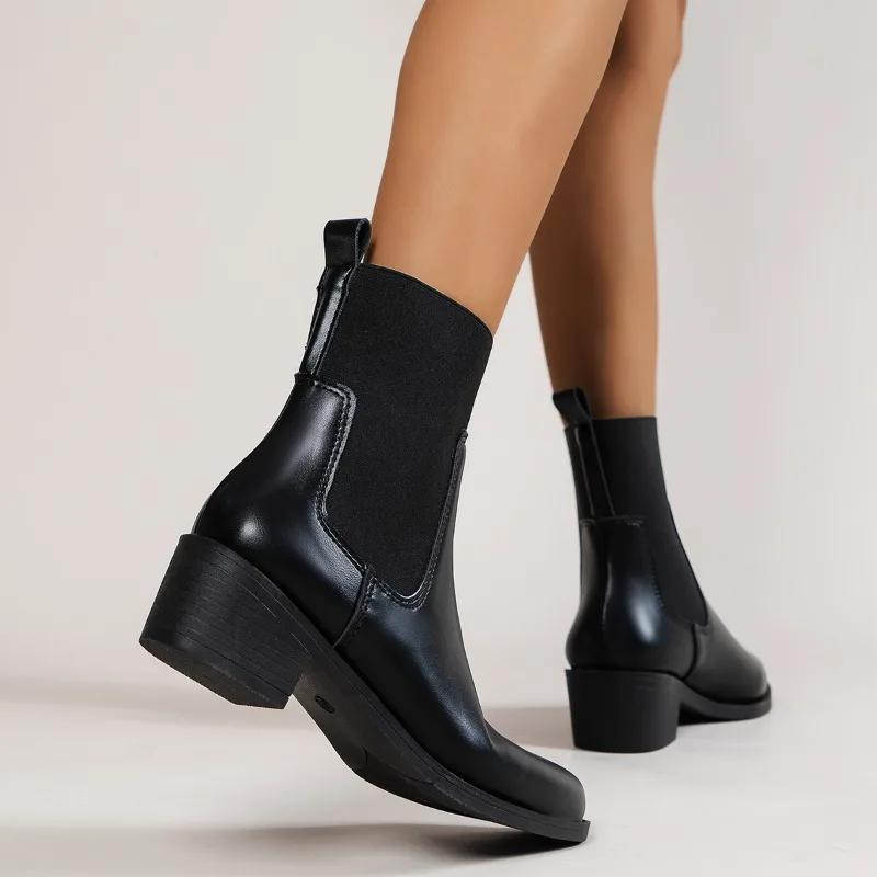 2024 New Fashion Solid Color Women's Boots Square Heel Pointed Toe Outer Wear Comfortable Short Boots Professional Women's Boots