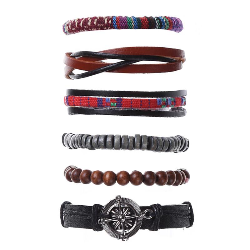 Punk 6-Piece Genuine Leather Multi-Layer Bracelet Set