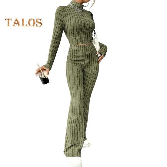 

2 шт./компл., осенне-зимний женский комплект с верхними брюками, комплект с полувысоким воротником и длинными рукавами, облегающий свитшот с высокой талией, однотонные полосатые брюки, спортивный повседневный комплект L армия зеленый