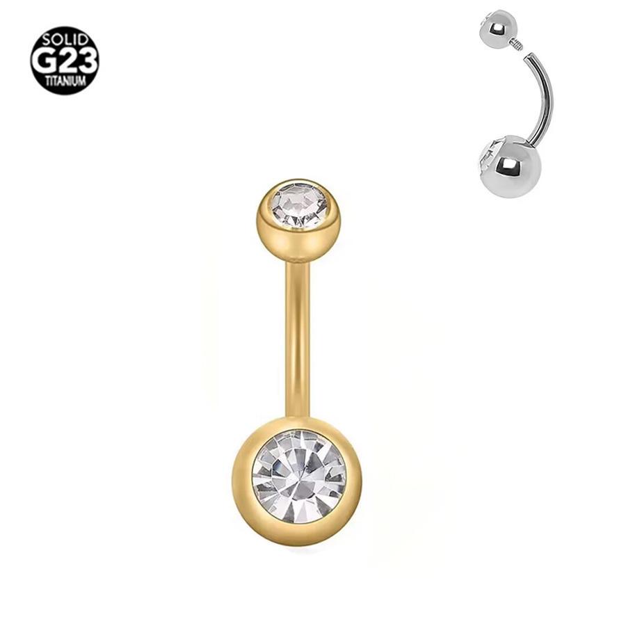 G23 Titanium Zircon Navel Ring: Internally Threaded F136 Alloy with Double Ball Diamond Design Piercing Jewelry.