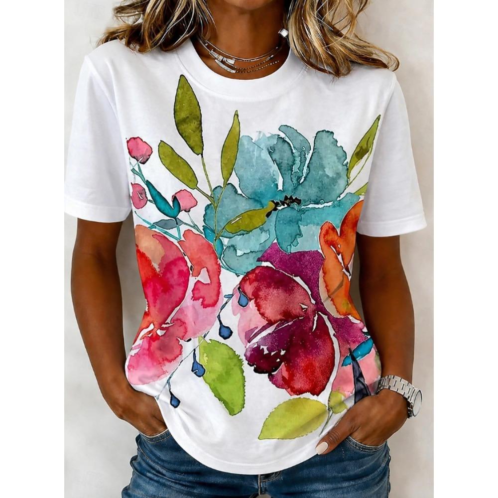 Fashion Women Retro Creative Ink Wash Flower Print T Shirt Funny Casual O-neck Short Sleeves T-shirt Summer Female Tee Shirt