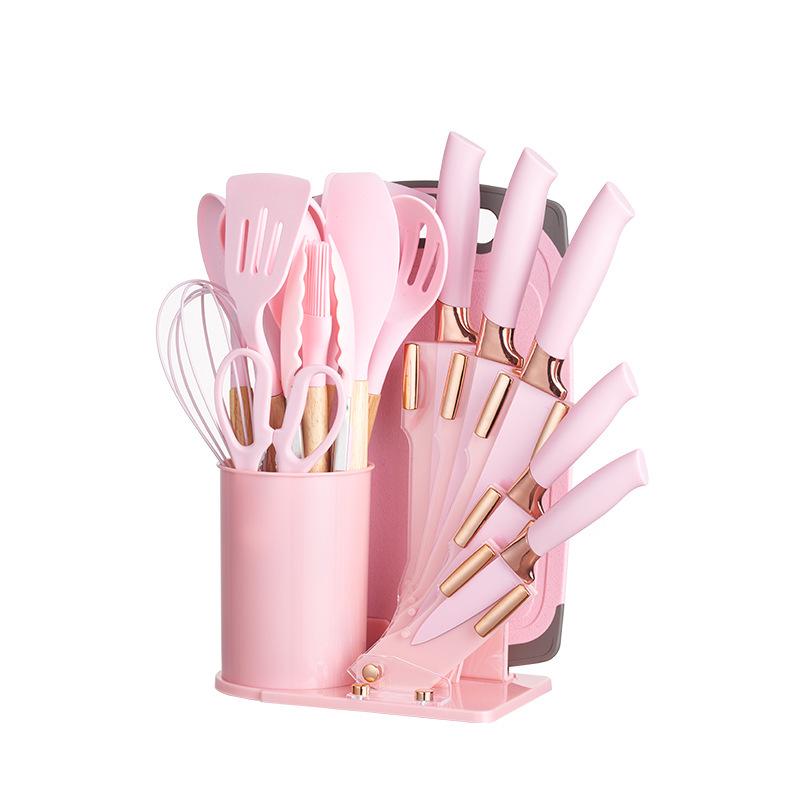 19-Piece Wooden Handle Silicone Kitchen Utensil Set with Spatulas, Spoons, Storage Bucket, and Knife Set