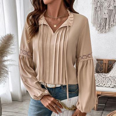 Spring and Autumn Temperament Shirt Blouse Autumn Women's Solid Color Casual Tie V-Neck Shirt