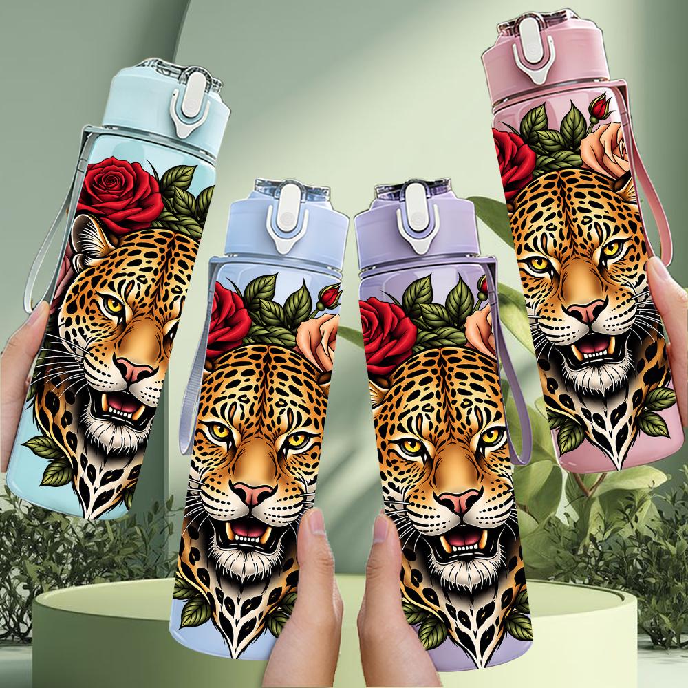 1PC Leopard Tiger Rose Graphic,750ml Color Plastic Sports Water Bottle,Leakproof Flip Straw Lid,Suitable for Sports Office Home Use