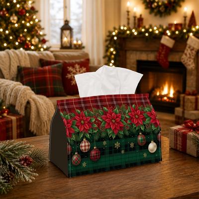 1pc Scottish Tartan Tissue Box - Multi-Functional Christmas Napkin Dispenser, Made of Durable Polyester, Decorated with Poinsettia Hanging Bauble, Sui