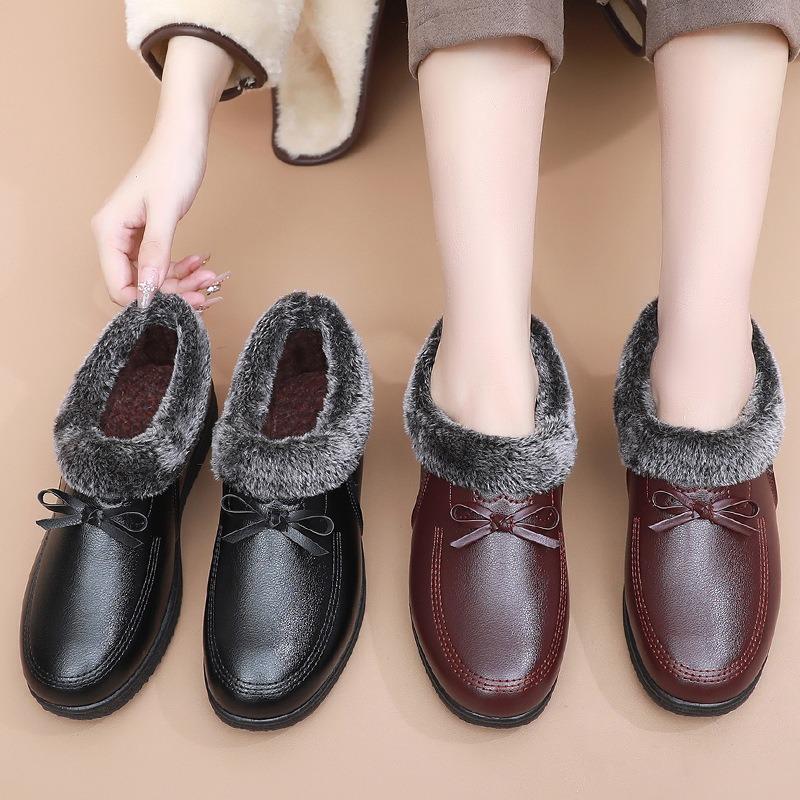 Shoes Cotton Shoes Winter Soft-soled Comfortable Leather Shoes Women's Middle-aged and Old Warm Shoes Non-slip Flat-soled Velvet Elderly Shoes Women