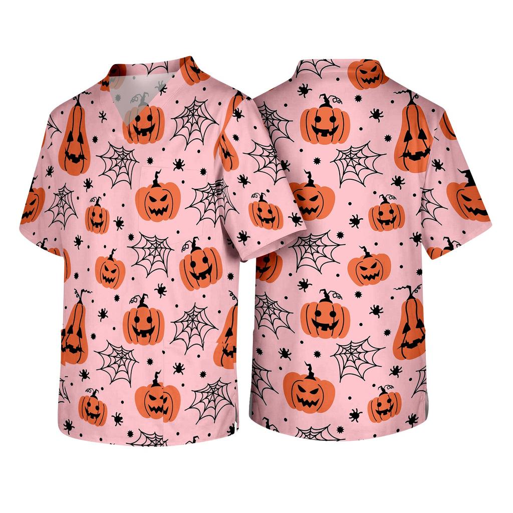 Men's V Neck Halloween Print Medical Scrub Top with Chest Pocket Short Sleeve Comfortable Fit Lightweight Fabric