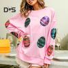 Women Tops Round Neck Long Sleeve Loose Fit Tee Shirt Sparkling Sequins Easter Eggs Decor Elastic T-shirt