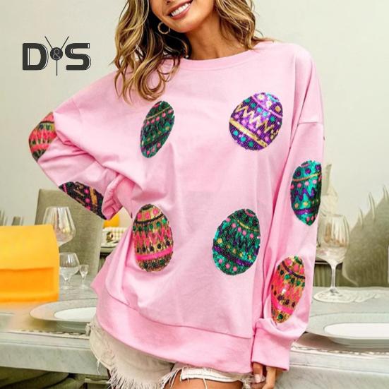 Women Tops Round Neck Long Sleeve Loose Fit Tee Shirt Sparkling Sequins Easter Eggs Decor Elastic T-shirt