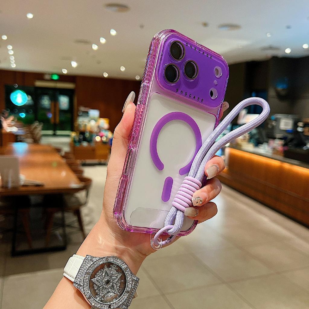 For iPhone 17 Pro Max Magnetic Case Clear Colorful Frame TPU + PC Phone Back Cover with Lens Film/Strap