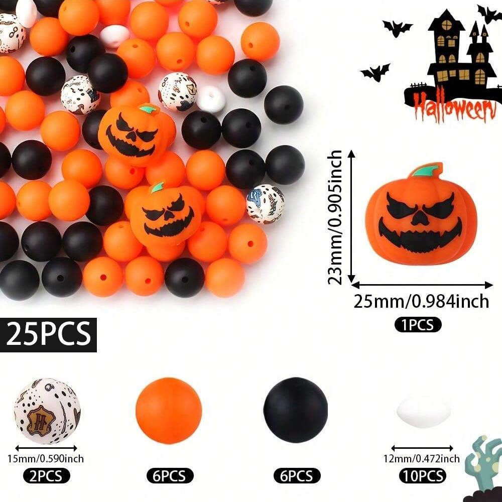 25PCS Multi-Size Halloween-Themed Silicone Beads Set, Perfect for DIY Craft Projects Like Keychains, Necklaces, Bracelets & More