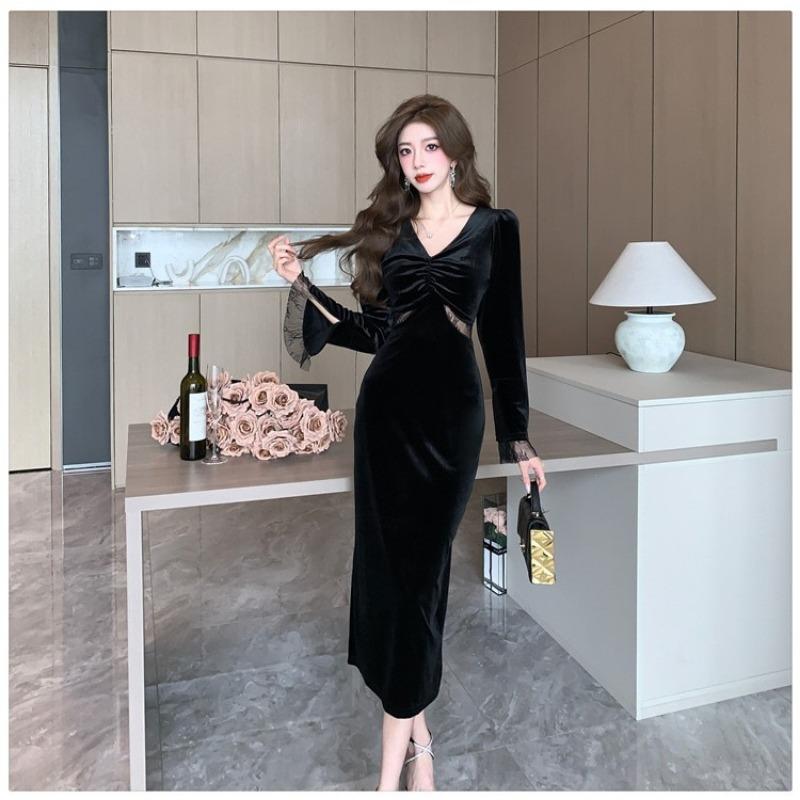Primavera Otoño Cuello en V Elegante Moda Terciopelo Vestido Negro Mujer Manga Larga Temperamento Cintura Bata Vestidos