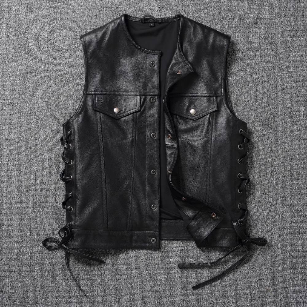 Chinese Size Men Leather Vest 100% Cowhide Motorcycle Vest Biker Leather Vests Moto Leather Waistcoat Asian Size M-6XL M435