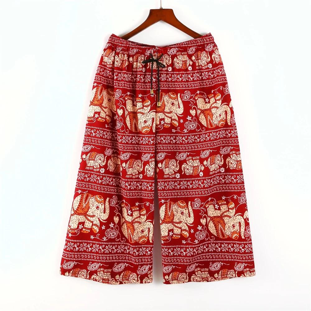 Elephant Pants Loose Legs Adjustable Elastic High Waistband Strap Rope Women Men Unisex Print Thailand Casual Streetwear Beach Bohemian Retro Vintage