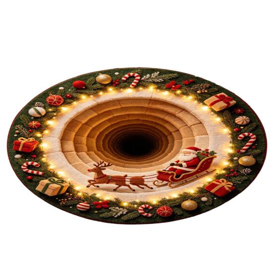 Santa Claus Elk Print Rugs Christmas Round Area Rug, 3D Visual Trap Floor Mat with Print, Festive Entrance Hall Runners Non-Slip Stain Resistant