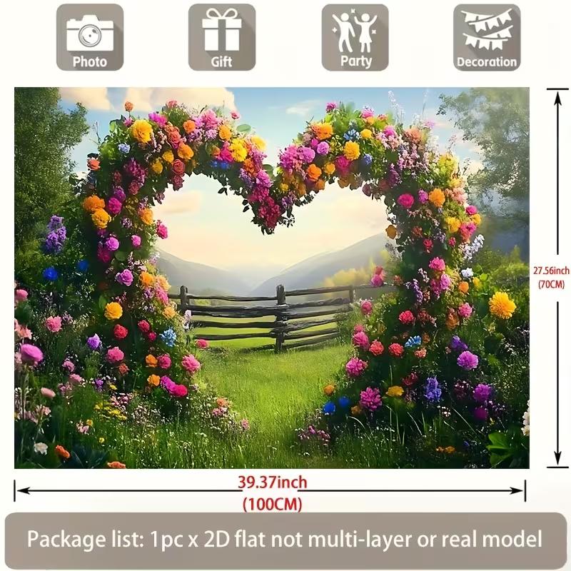 2D Romantic Spring Meadow with Heart Flower Arch Photography Background