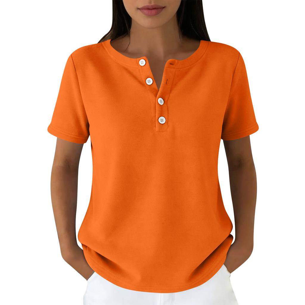 Lässiges Damen-T-Shirt in verschiedenen Farben, V-Ausschnitt, kurzen Ärmeln und Zierknöpfen.