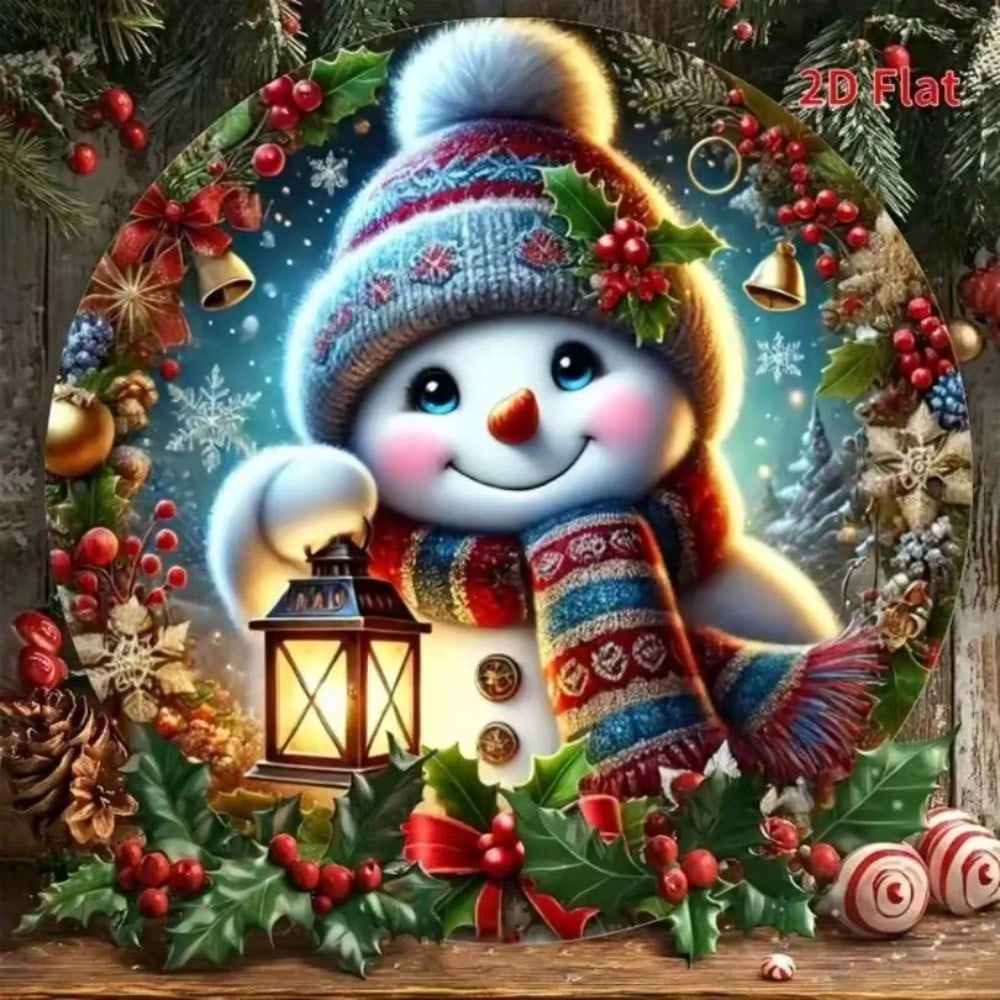 Iron Round Snowman Wreath Sign Christmas Wall Decor Lantern Holly Berry 20x20