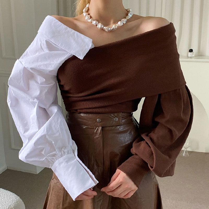 One-length Collar Shirt for Women Design Sense Splicing Shirt Retro Off-shoulder Long-sleeved Top