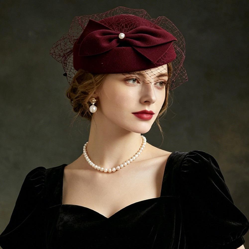 Elegant Bow Fedora Hat French Style Woolen Beret Airline Stewardess Caps Fashion Show