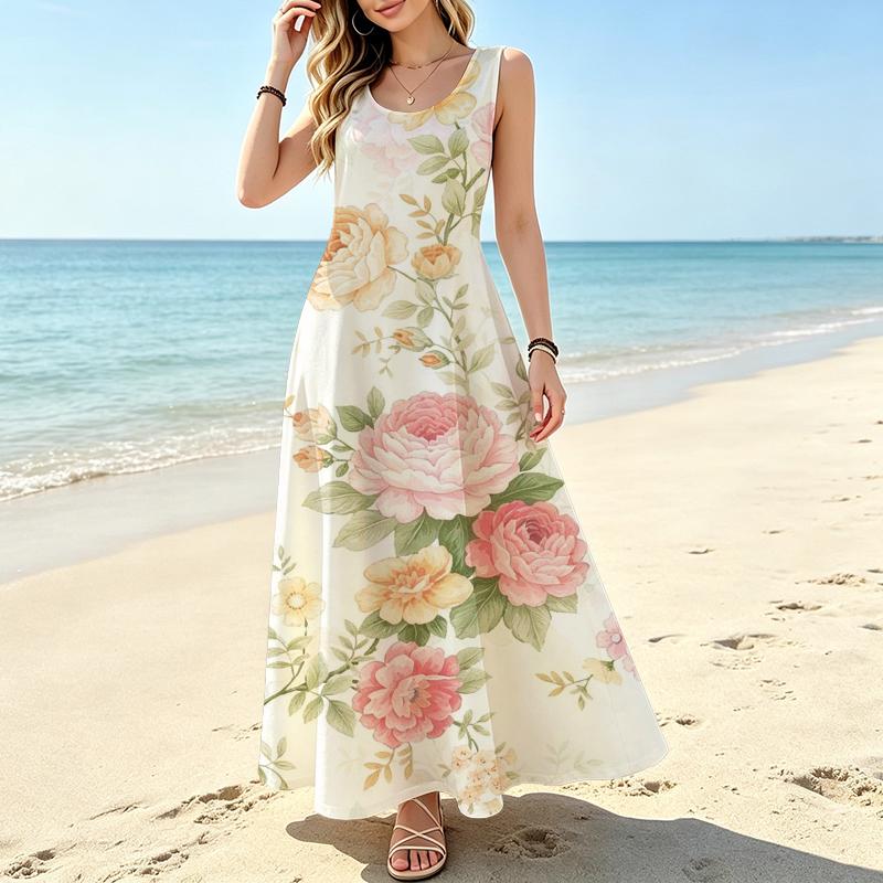 U-Neck Floral Sleeveless Maxi Dress,Lightweight Flowy Fabric,Loose Fit,Ideal for Beach Vacations & Summer Casual Wear,Chic & Elegant
