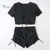 Sexy Bikini 2Pcs/Set Women Summer Set V-Neck Short Sleeve Tops High Bow Tie Swimsuit Waist Drawstring Swimming Trunks Solid Color Quick Drying