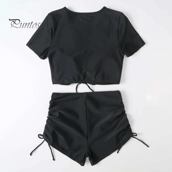 Sexy Bikini 2Pcs/Set Women Summer Set V-Neck Short Sleeve Tops High Bow Tie Swimsuit Waist Drawstring Swimming Trunks Solid Color Quick Drying