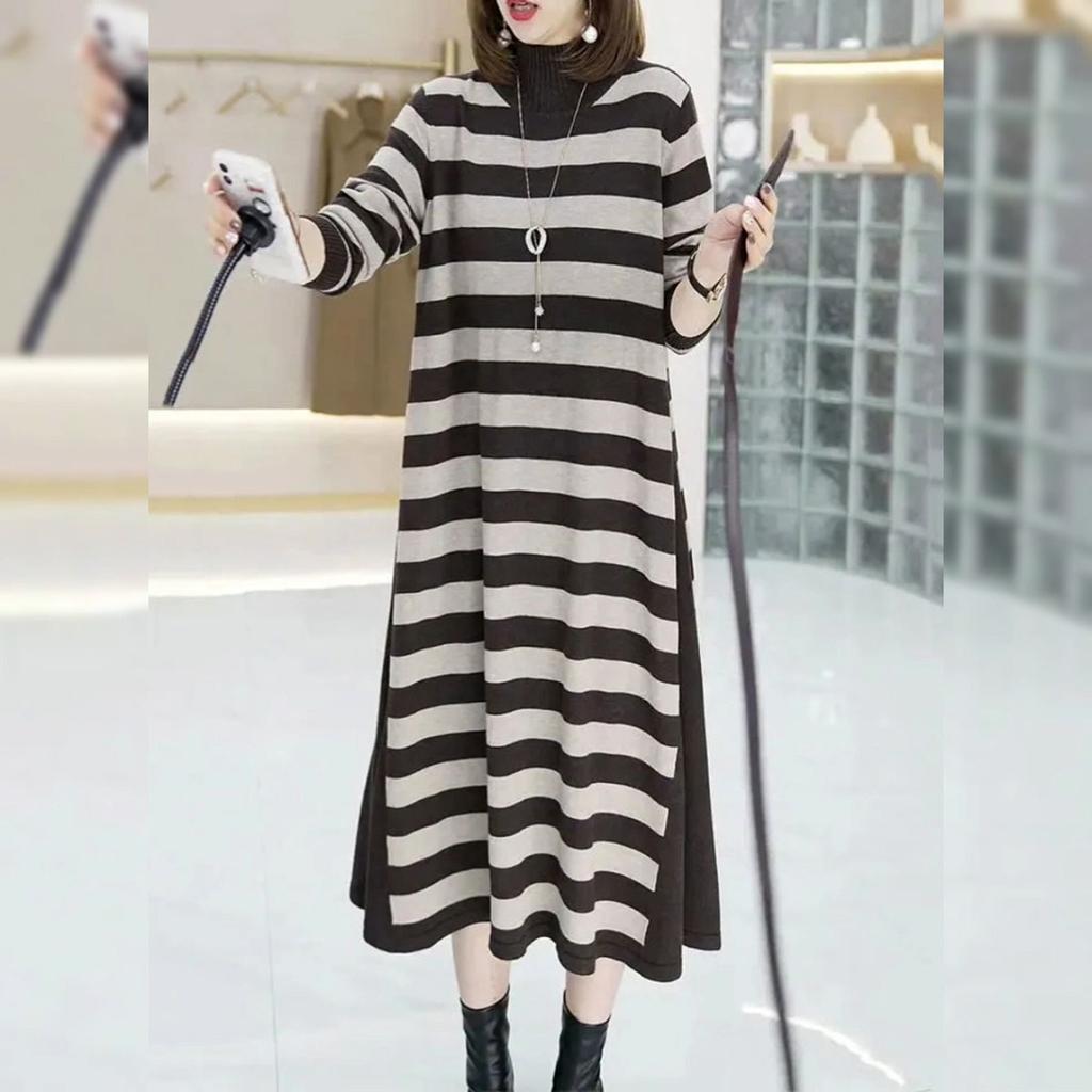 Kontrastní barva Dlouhé pletené šaty svetr s páskem